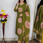 Green Printed Premium Cotton 3 Piece Suit Set for Women