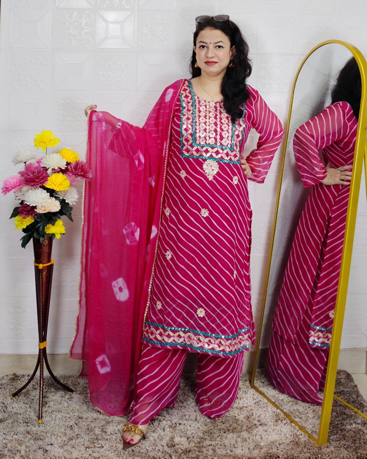 Pink Leheriya Printed Georgette 3 Piece Suit Set for Women