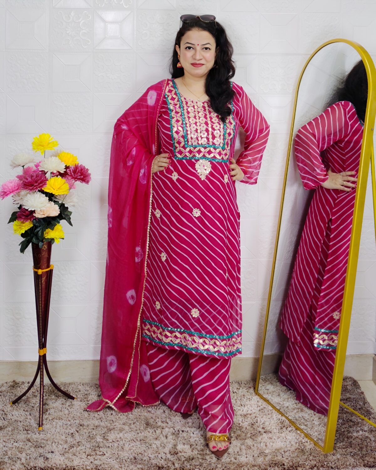 Pink Leheriya Printed Georgette 3 Piece Suit Set for Women