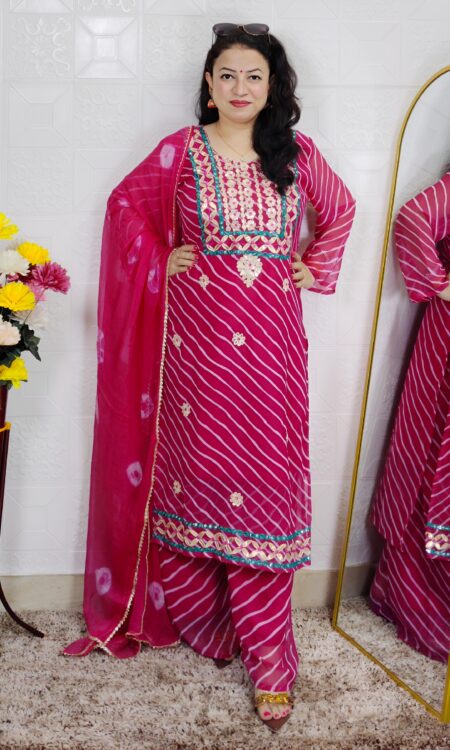 Pink Leheriya Printed Georgette 3 Piece Suit Set for Women