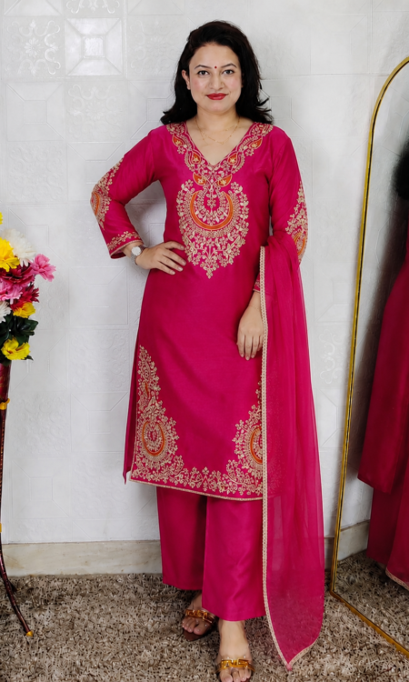Pink embroidered Glass Silk 3 piece suit set for women with dupatta
