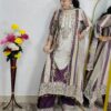 Wine crepe C-cut 3 piece suit set for women with floral printed kurta, matching bottom and dupatta
