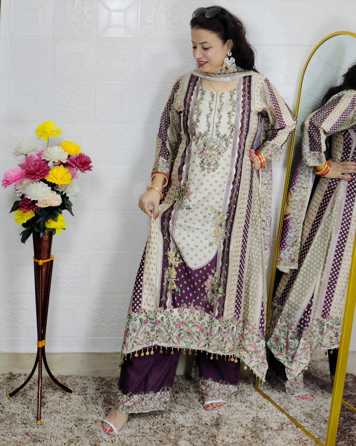 Wine crepe C-cut 3 piece suit set for women with floral printed kurta, matching bottom and dupatta