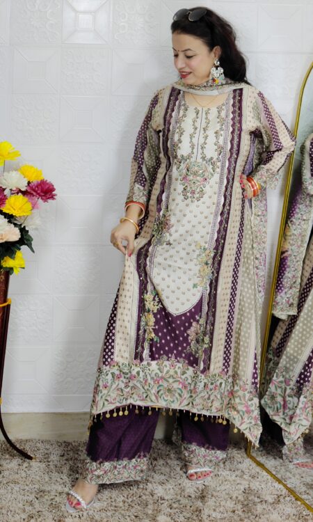 Wine crepe C-cut 3 piece suit set for women with floral printed kurta, matching bottom and dupatta