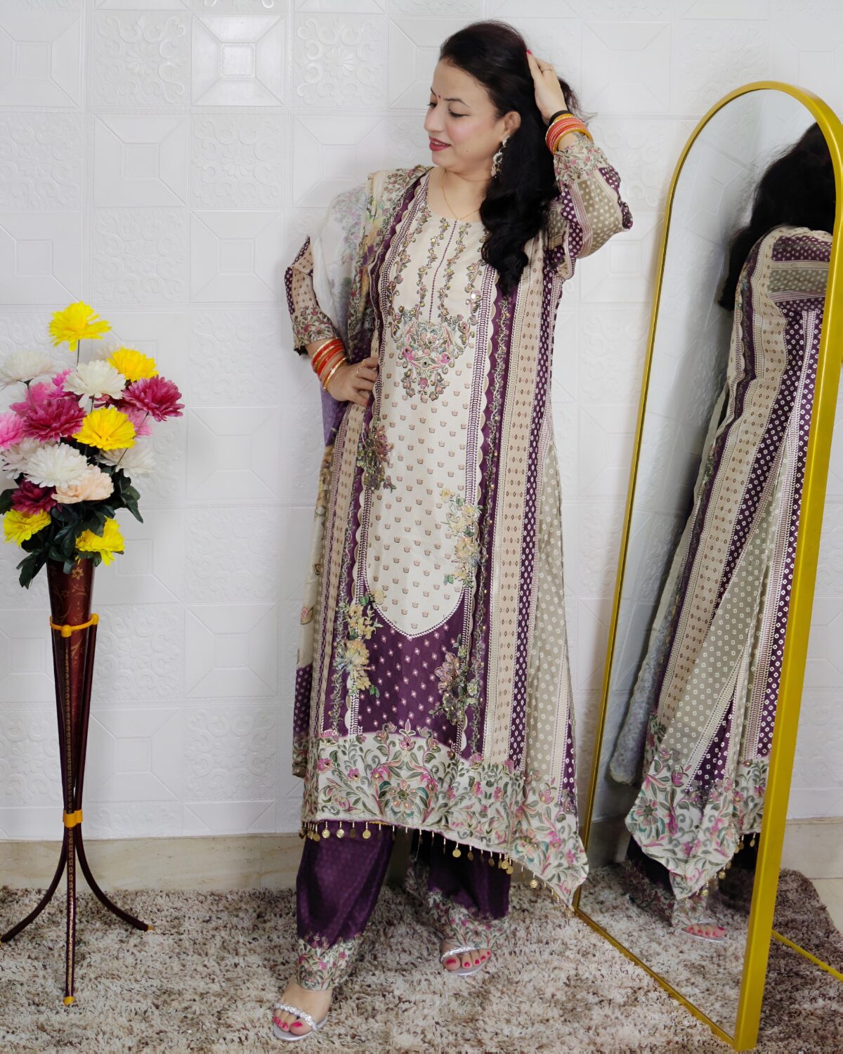 Wine crepe C-cut 3 piece suit set for women with floral printed kurta, matching bottom and dupatta