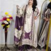 Wine crepe C-cut 3 piece suit set for women with floral printed kurta, matching bottom and dupatta