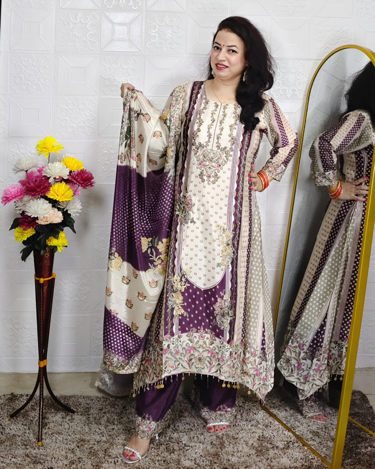 Wine crepe C-cut 3 piece suit set for women with floral printed kurta, matching bottom and dupatta