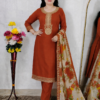 Orange embroidered silk 3 piece party wear suit set for women with floral dupatta