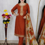 Orange Embroidered Party Wear 3 Piece Suit Set – Silk Fabric – Women