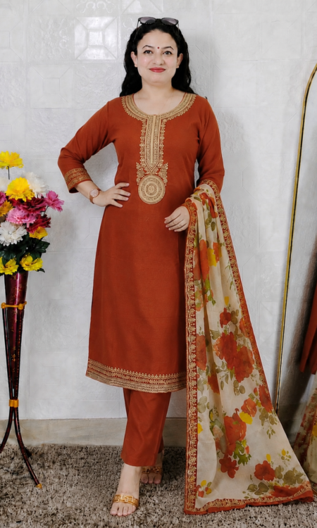 Orange embroidered silk 3 piece party wear suit set for women with floral dupatta