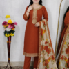 Orange embroidered silk 3 piece party wear suit set for women with floral dupatta