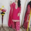 Pink embroidered Georgette 3 piece suit set for women with attached kurta lining, golden embroidered palazzo pants and matching dupatta