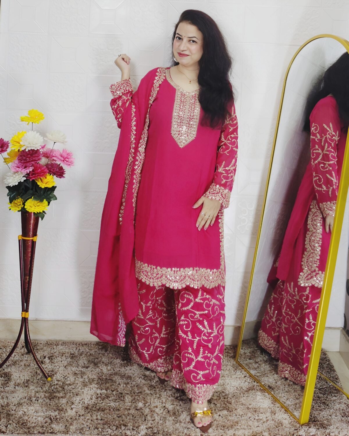 Pink embroidered Georgette 3 piece suit set for women with attached kurta lining, golden embroidered palazzo pants and matching dupatta