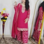 Pink embroidered Georgette 3 piece suit set for women with attached kurta lining, golden embroidered palazzo pants and matching dupatta