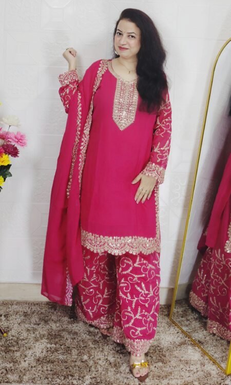Pink embroidered Georgette 3 piece suit set for women with attached kurta lining, golden embroidered palazzo pants and matching dupatta