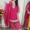 Pink embroidered Georgette 3 piece suit set for women with attached kurta lining, golden embroidered palazzo pants and matching dupatta