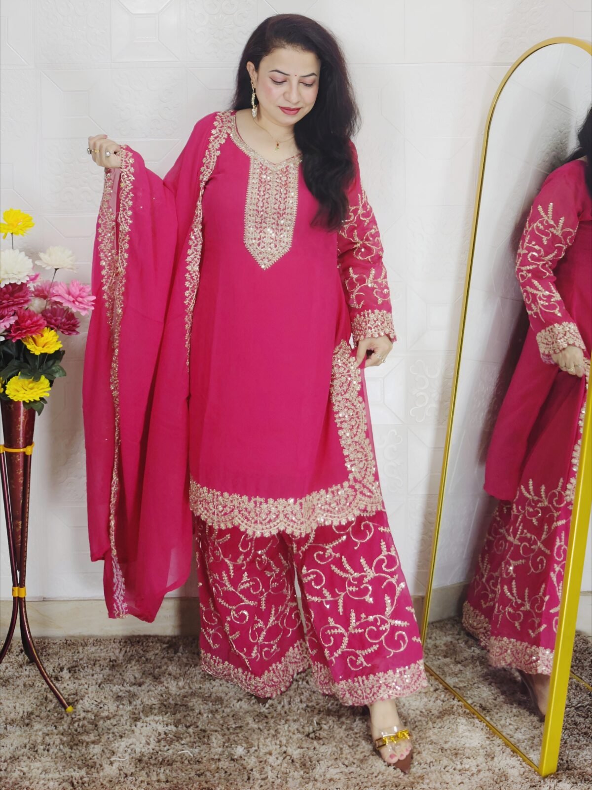 Pink embroidered Georgette 3 piece suit set for women with attached kurta lining, golden embroidered palazzo pants and matching dupatta