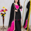 Pink premium Mal Chanderi 3 piece suit set for women with attached lining, embellished designer kurta, matching palazzo pants and green dupatta – also available in green and black