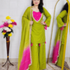 Pink premium Mal Chanderi 3 piece suit set for women with attached lining, embellished designer kurta, matching palazzo pants and green dupatta – also available in green and black
