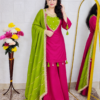 Pink premium Mal Chanderi 3 piece suit set for women with attached lining, embellished designer kurta, matching palazzo pants and green dupatta – also available in green and black