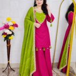 Premium Mal Chanderi 3 Piece Suit Set for Women with Attached Lining | Designer Kurta Palazzo Dupatta Set – 3 Colors Pink, Green & Black Available