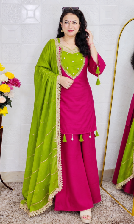 Pink premium Mal Chanderi 3 piece suit set for women with attached lining, embellished designer kurta, matching palazzo pants and green dupatta – also available in green and black